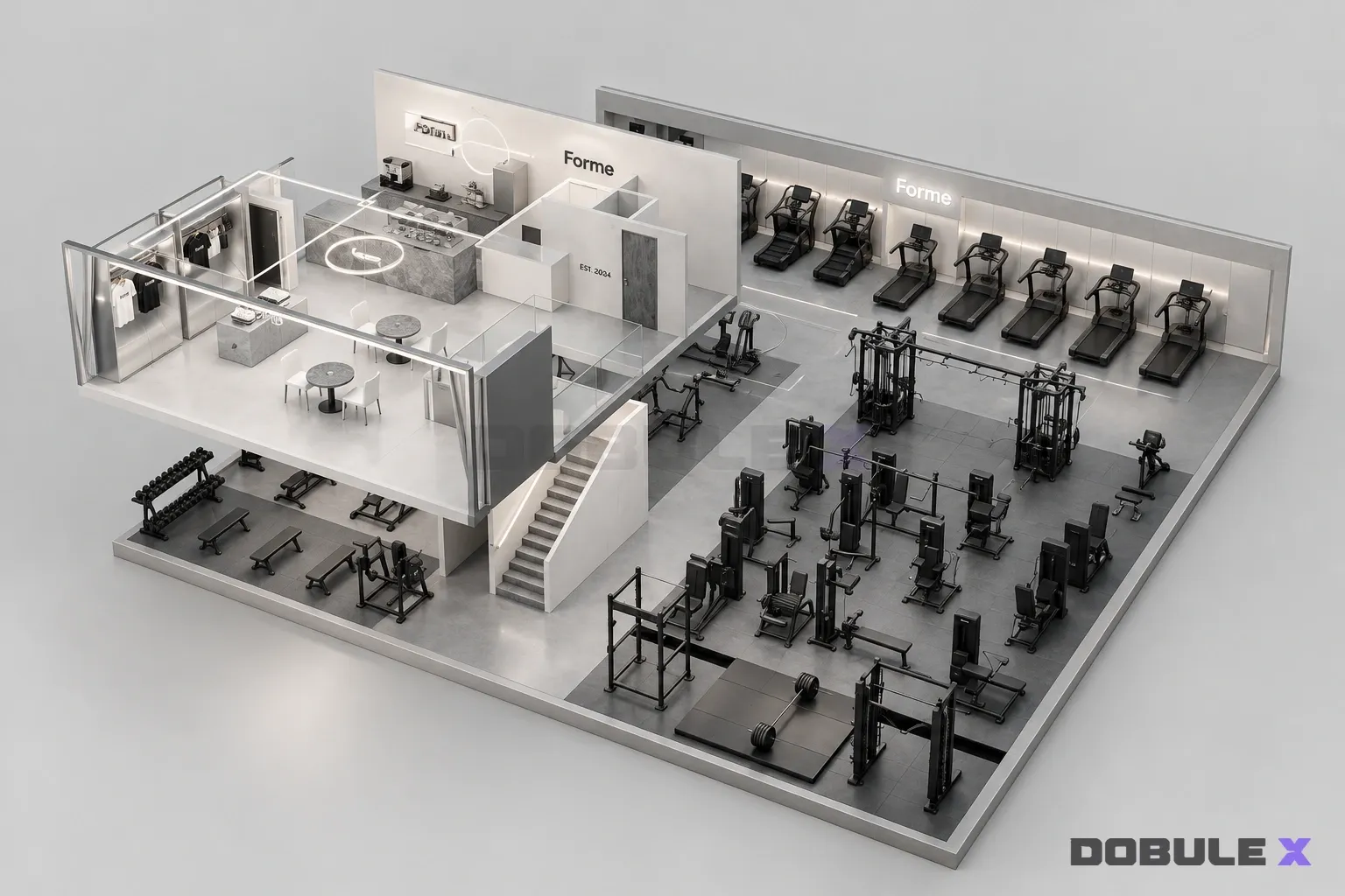 Bird's-eye 3D concept layout of a two-level gym